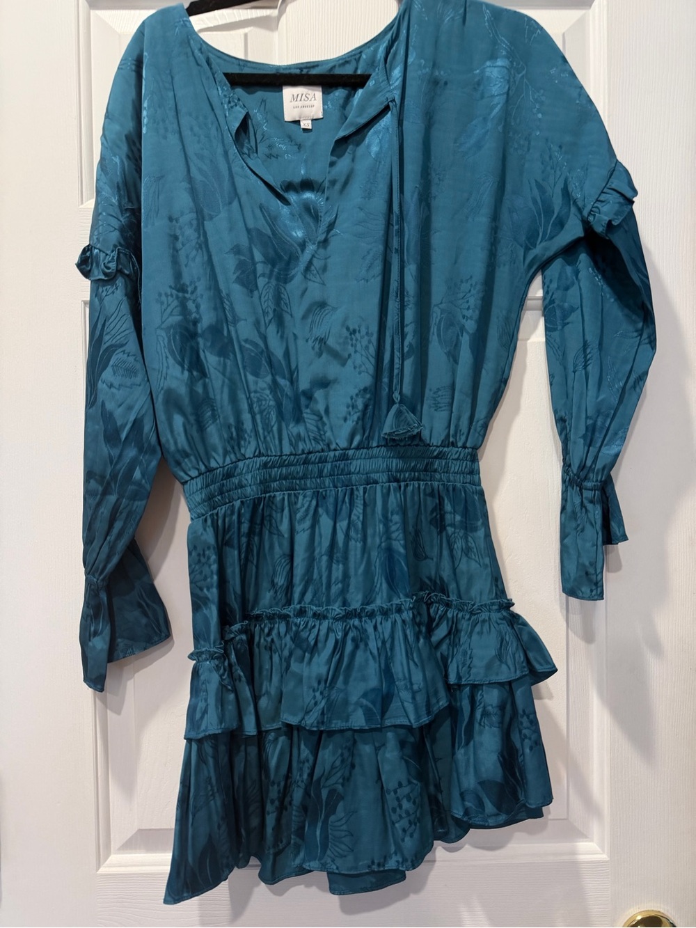 Misa Los Angeles Teal Jacquard Ruffle V-Neck Mini Dress